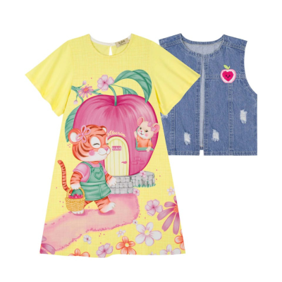 Vestido em Meia Malha Amarelo com Colete Jeans 84171