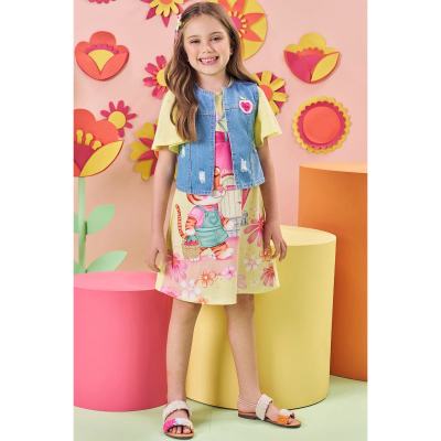 Vestido em Meia Malha Amarelo com Colete Jeans 84171