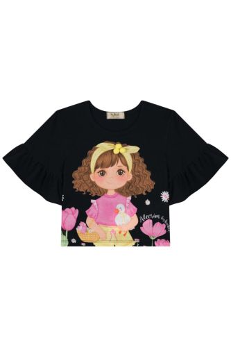 Conj Blusa Boxy Preta e Shorts Bege com Cinto 85084